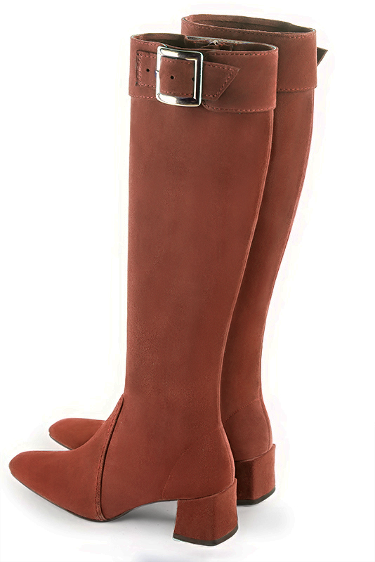Terracotta orange women's feminine knee-high boots. Square toe. Medium block heels. Made to measure. Rear view - Florence KOOIJMAN